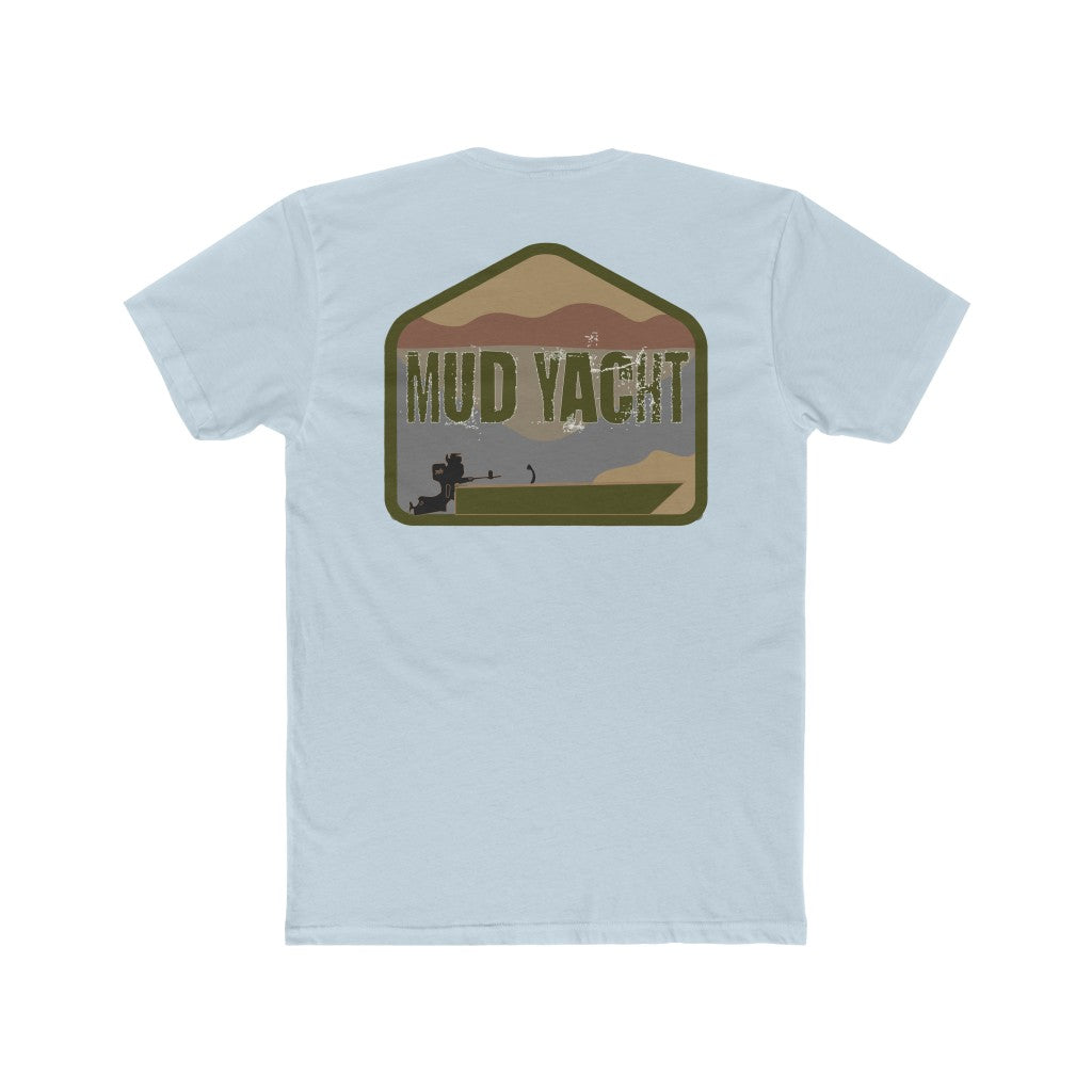 Light blue premium fit cotton t-shirt with a distressed "Mud Yacht" graphic on the back featuring a boat and landscape.