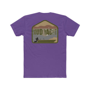 Purple "Mud Yacht" t-shirt with a distressed graphic of a boat on water, soft cotton, premium fit.