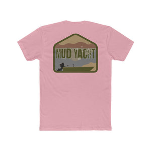 Pink cotton t-shirt with "Mud Yacht" graphic featuring a boat, driver, and landscape in a badge shape.