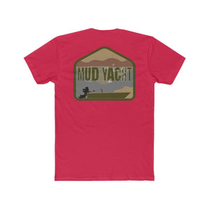 Red Mud Yacht t-shirt with a distressed graphic of a boat, "MUD YACHT" text, and natural landscape.