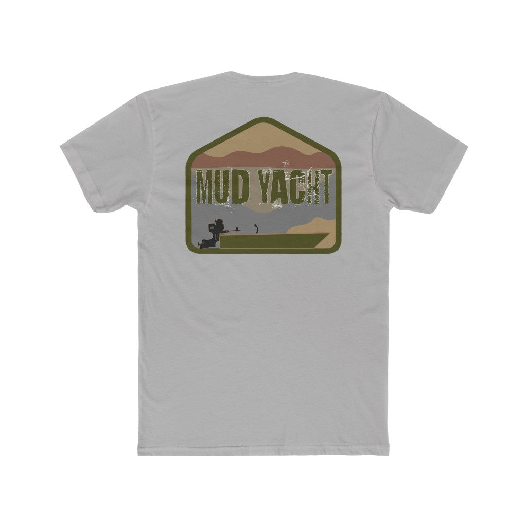 Light gray "Mud Yacht" t-shirt with a distressed green, brown, and gray graphic of a boat.