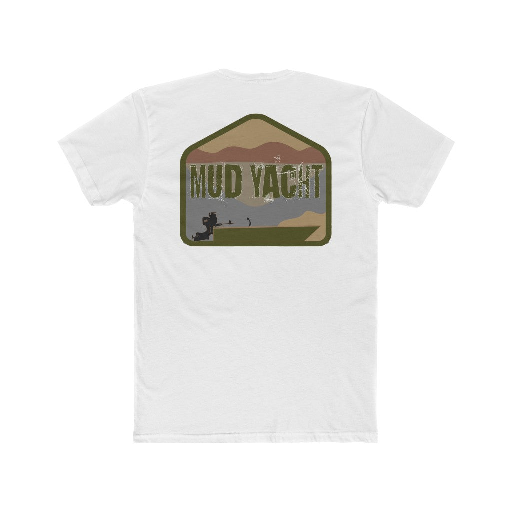 White premium fit soft cotton t-shirt with a distressed "Mud Yacht" graphic featuring a boat and landscape.
