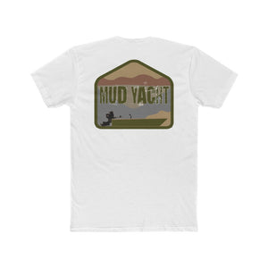White premium fit soft cotton t-shirt with a distressed "Mud Yacht" graphic featuring a boat and landscape.