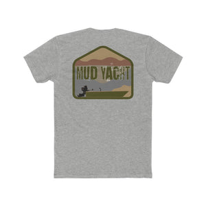 Gray premium fit Mud Yacht t-shirt with a distressed outdoor graphic on the back.