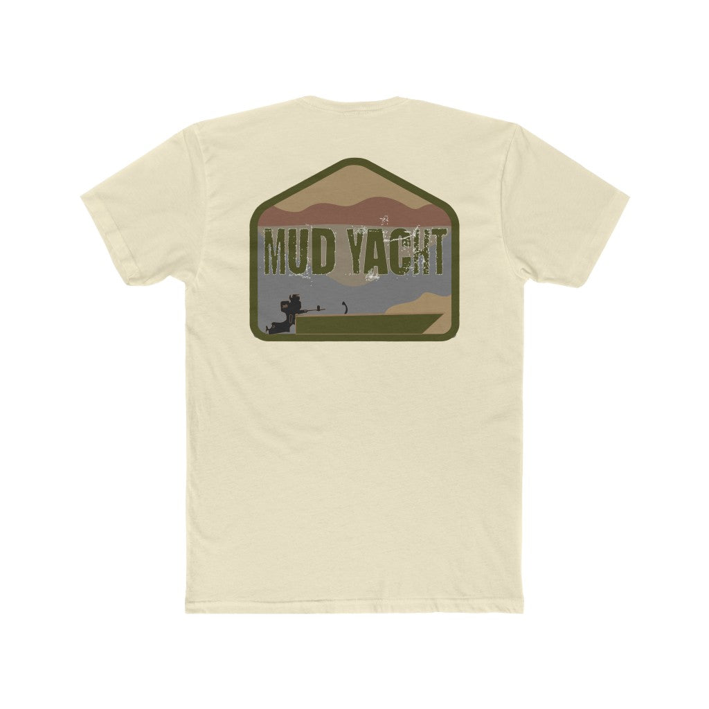 Cream "Mud Yacht" t-shirt with a distressed graphic of a boat, mountains, and trees.
