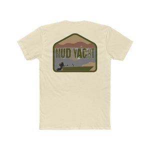 Cream "Mud Yacht" t-shirt with a distressed graphic of a boat, mountains, and trees.