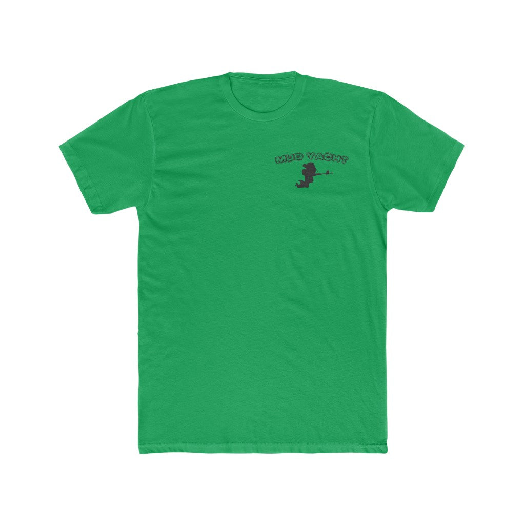 Green "Mud Yacht" t-shirt with a small black graphic of an outboard motor on the left chest.