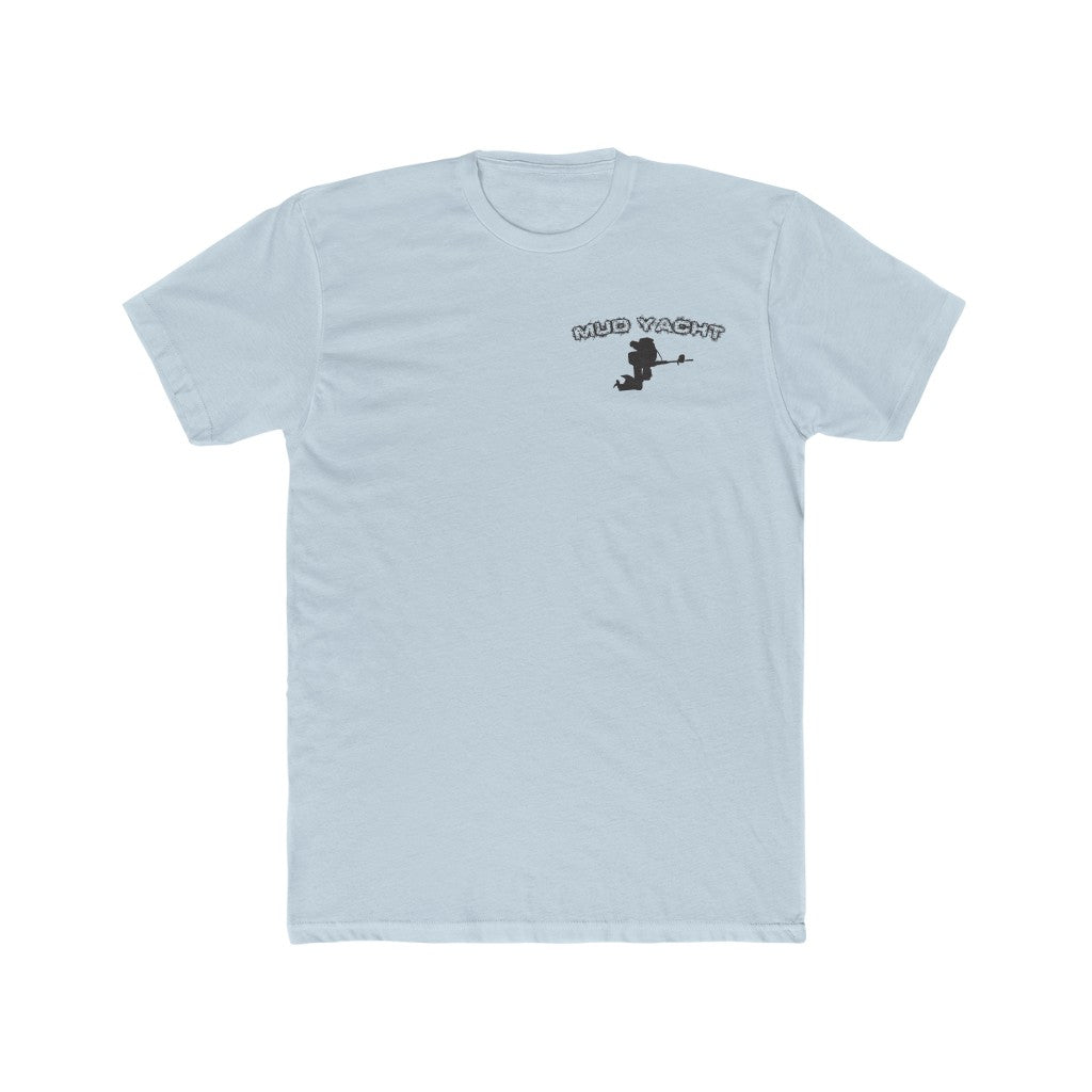 Light blue premium fit cotton t-shirt with a small black "Mud Yacht" logo and boat graphic on the left chest.