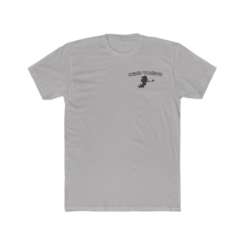 Light gray premium fit cotton t-shirt with a black "Mud Yacht" logo and boat graphic on the left chest.
