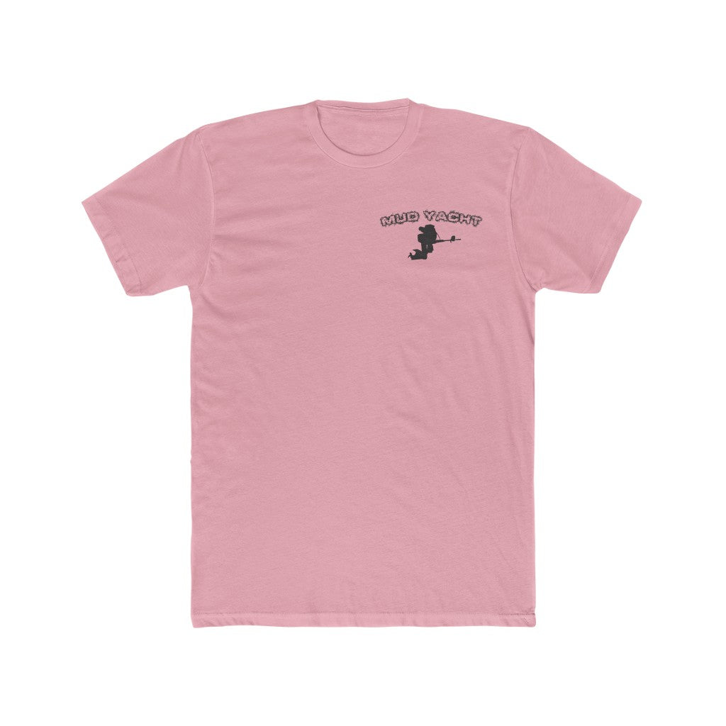 Pink premium fit Mud Yacht t-shirt with a small black graphic of a boat and text on the left chest.