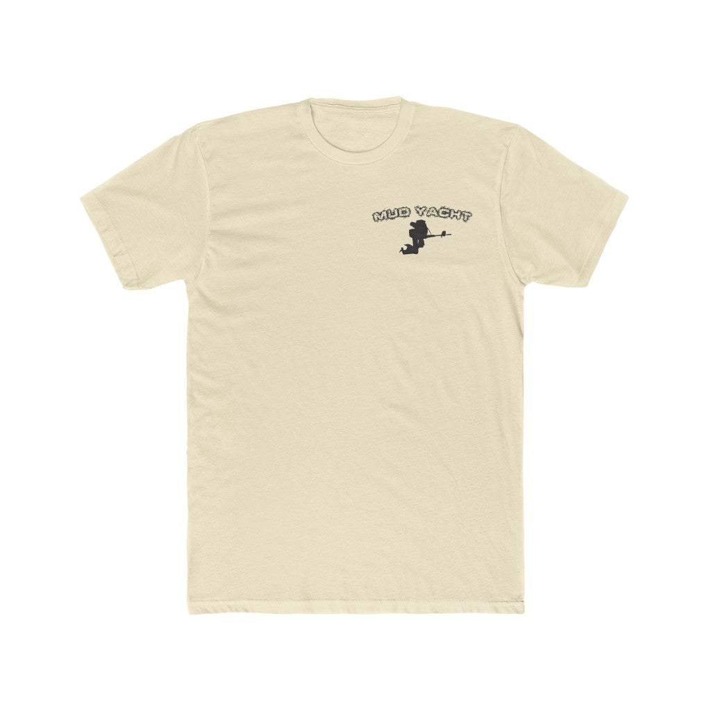 Cream "Mud Yacht" t-shirt with a small black graphic of a boat and rider on the left chest.