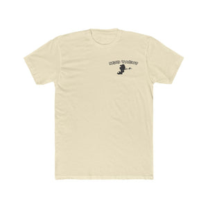 Cream "Mud Yacht" t-shirt with a small black graphic of a boat and rider on the left chest.