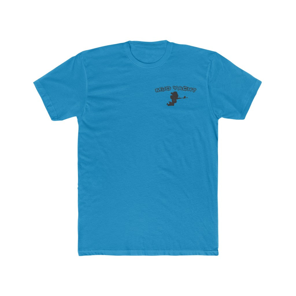 Blue "Mud Yacht" t-shirt with a small black graphic of a boat motor on the left chest.