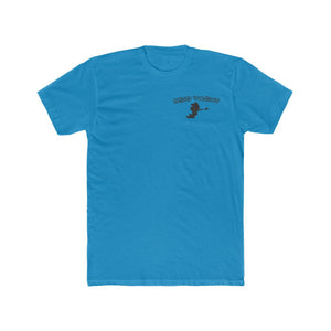 Blue "Mud Yacht" t-shirt with a small black graphic of a boat motor on the left chest.