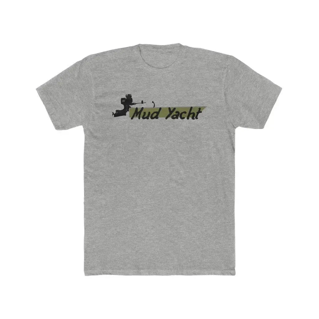 Gray premium fit short sleeve t-shirt with "Mud Yacht" text and boat graphic in camouflage print.