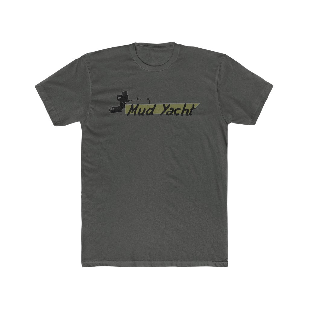 Charcoal gray premium fit short sleeve t-shirt with "Mud Yacht" graphic in yellow and black.