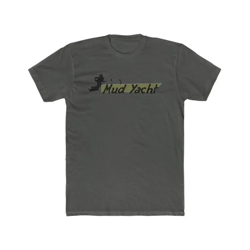 Charcoal gray premium fit short sleeve t-shirt with "Mud Yacht" graphic in yellow and black.