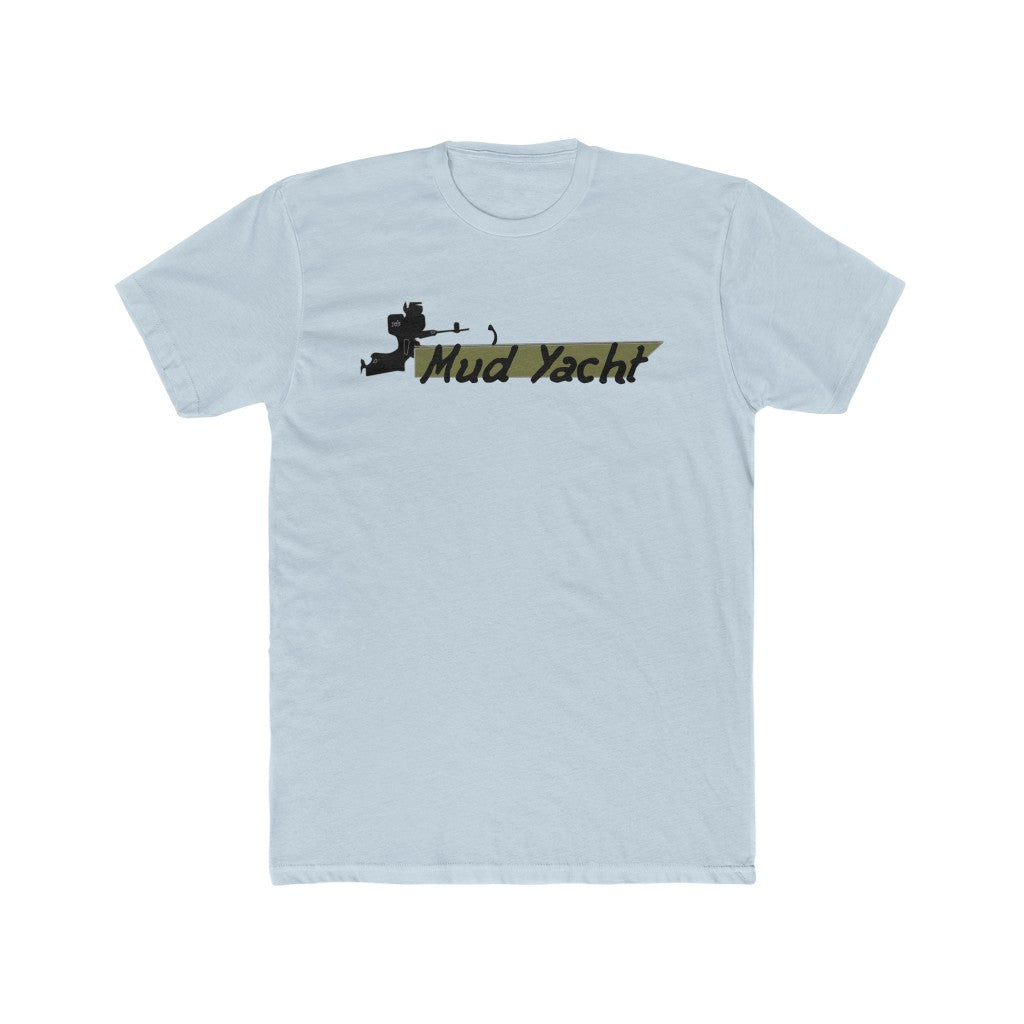 Light blue premium fitted short sleeve t-shirt with a "Mud Yacht" graphic in black and camouflage.