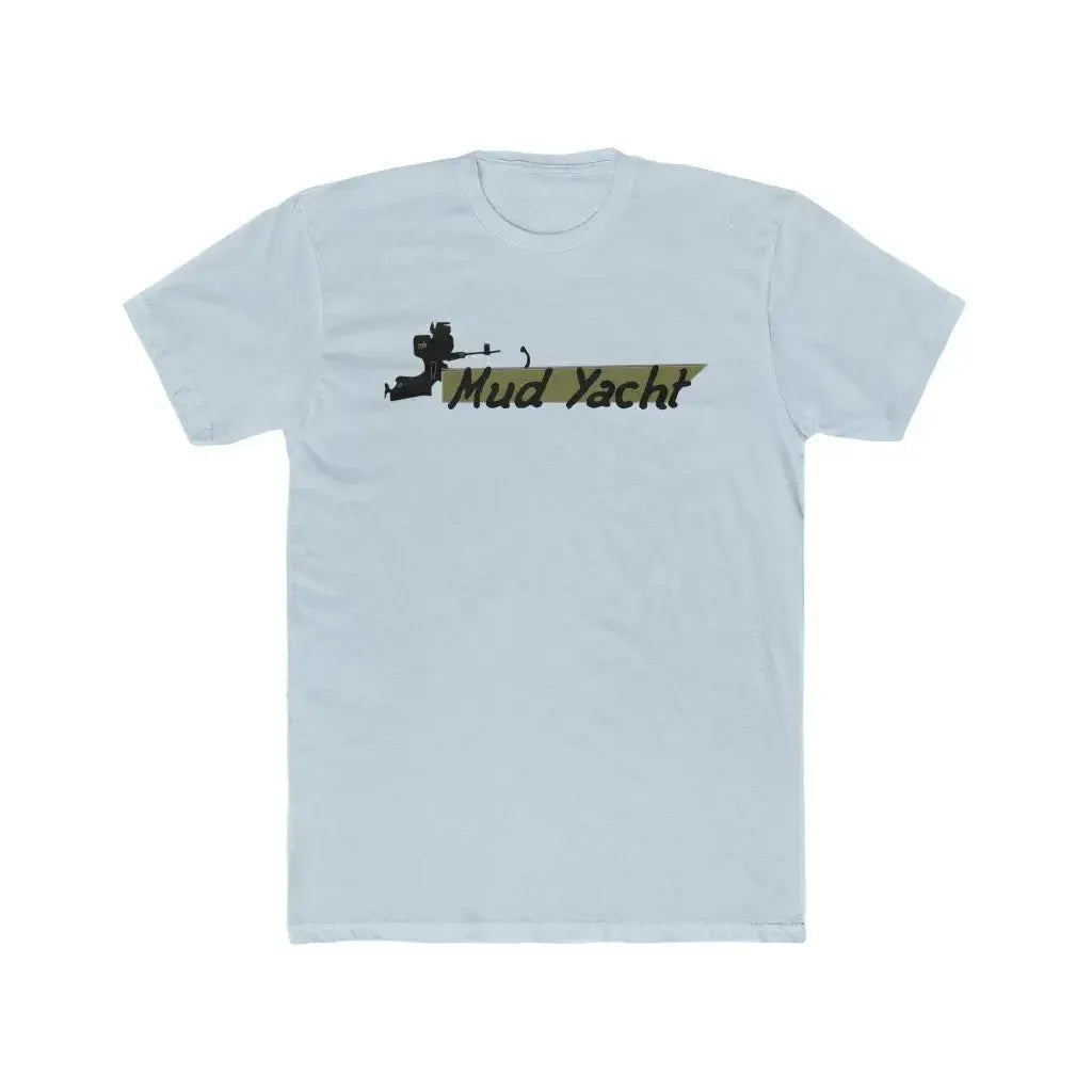 Light blue premium fitted short sleeve t-shirt with a "Mud Yacht" graphic in black and camouflage.