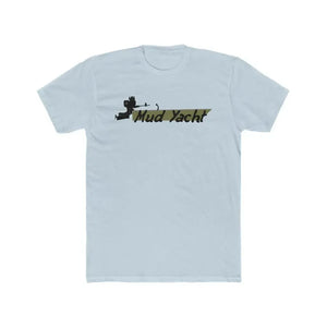 Light blue premium fitted short sleeve t-shirt with a "Mud Yacht" graphic in black and camouflage.