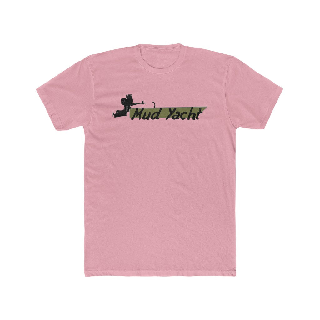 Pink premium fitted short sleeve t-shirt with "Mud Yacht" text and camouflage graphic.