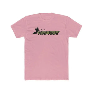 Pink premium fitted short sleeve t-shirt with "Mud Yacht" text and camouflage graphic.
