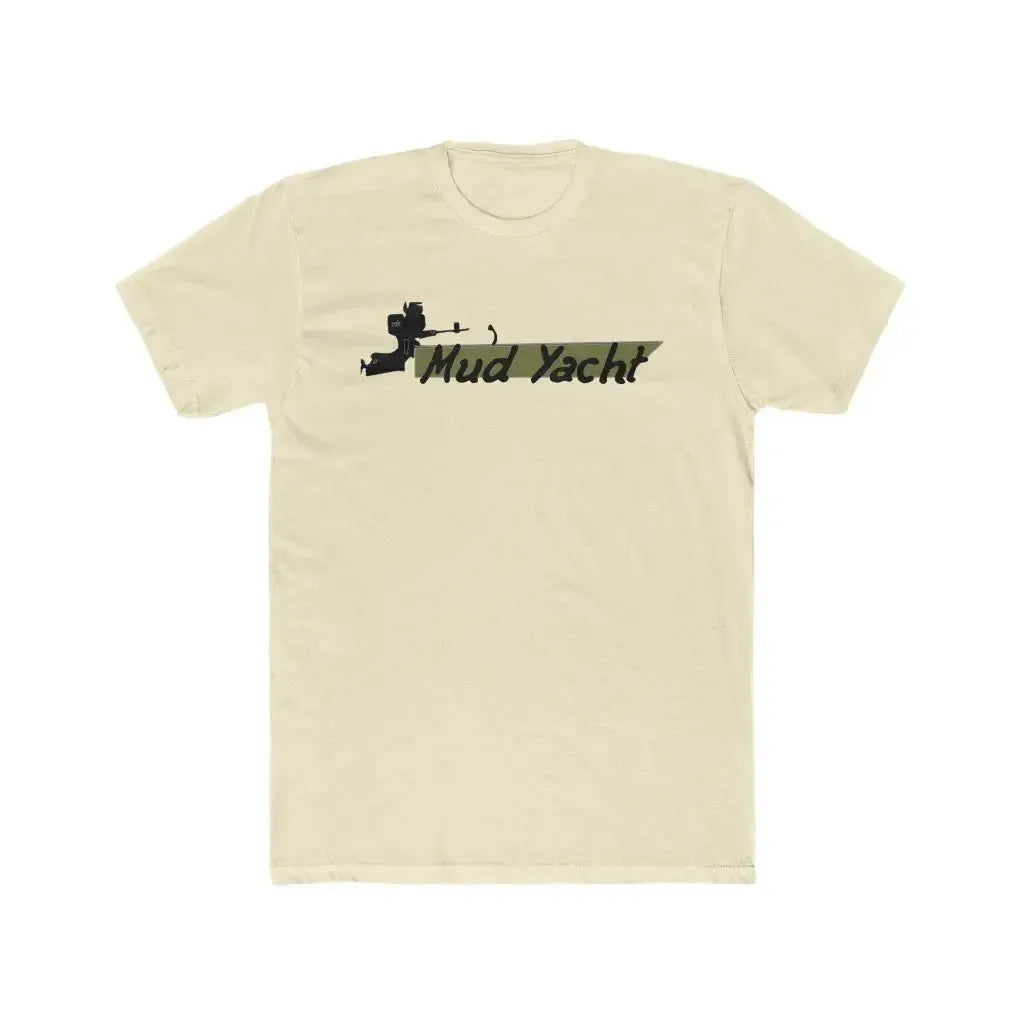 Light beige premium cotton short sleeve t-shirt with "Mud Yacht" text and boat graphic in camouflage.