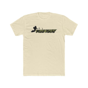 Light beige premium cotton short sleeve t-shirt with "Mud Yacht" text and boat graphic in camouflage.