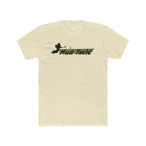Light beige premium cotton short sleeve t-shirt with "Mud Yacht" text and boat graphic in camouflage.