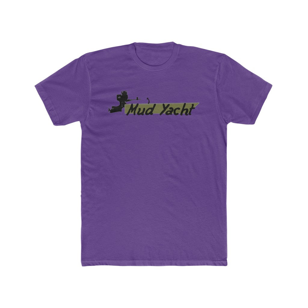 Purple premium fit short sleeve t-shirt with "Mud Yacht" logo in camouflage print.