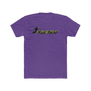Purple premium fit short sleeve t-shirt with "Mud Yacht" logo in camouflage print.