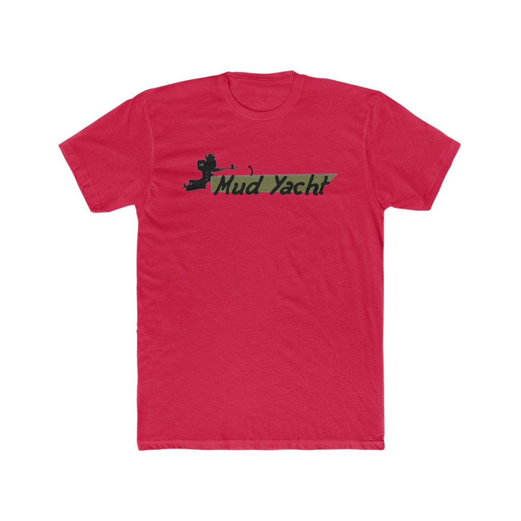 Red premium fitted short sleeve t-shirt with "Mud Yacht" logo in camouflage print.