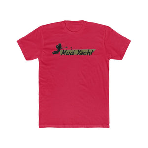 Red premium fitted short sleeve t-shirt with "Mud Yacht" logo in camouflage print.