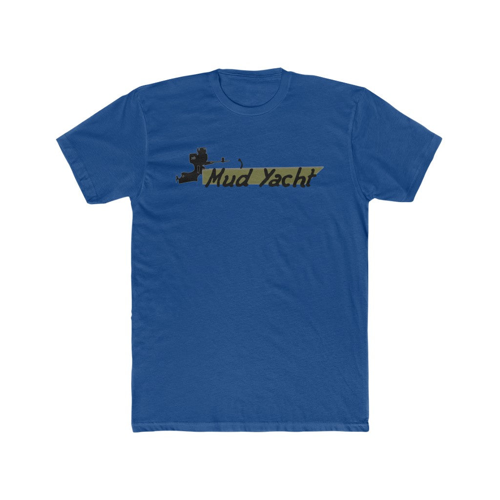 Royal blue premium fit short sleeve t-shirt with "Mud Yacht" graphic in black and gold.