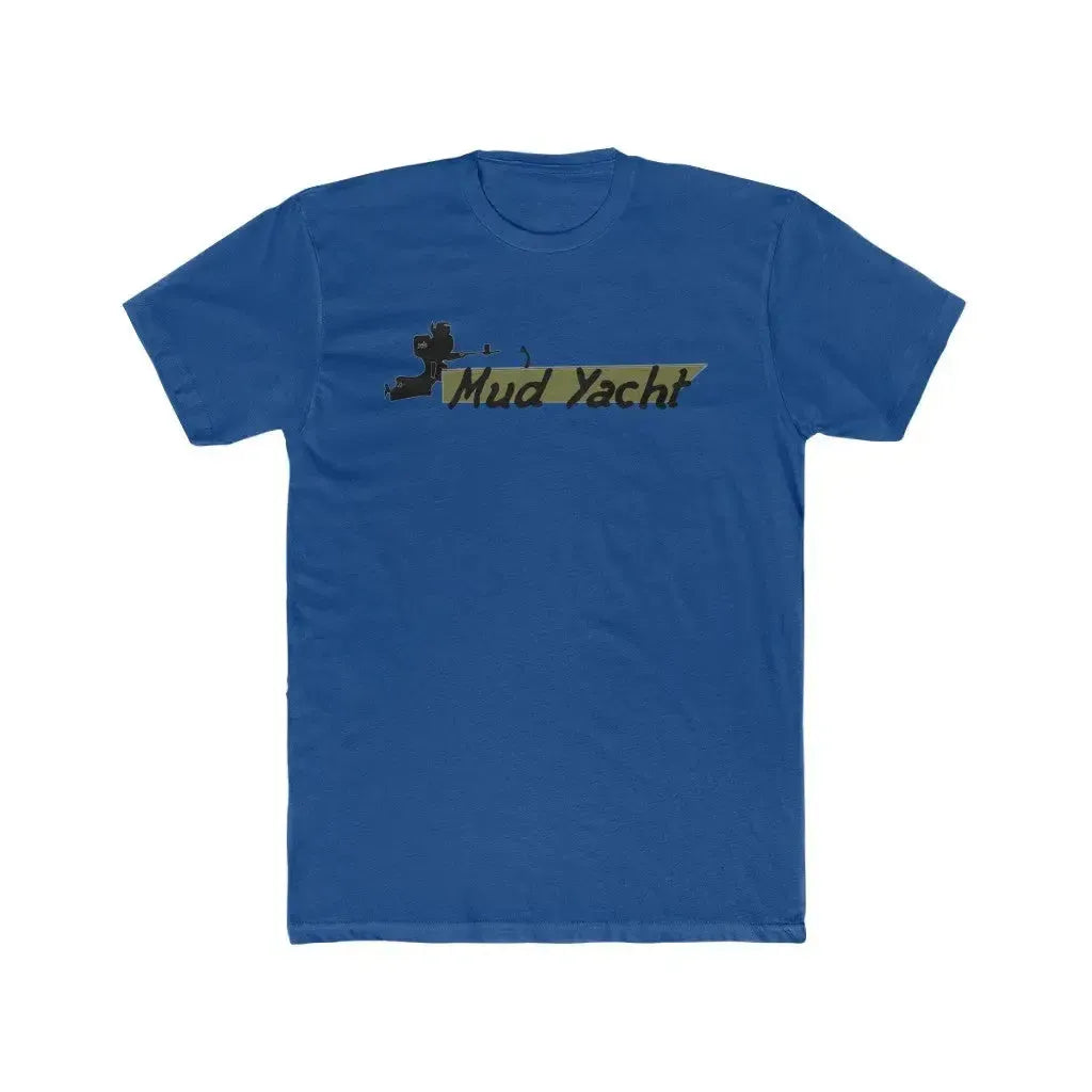 Royal blue premium fit short sleeve t-shirt with "Mud Yacht" graphic in black and gold.