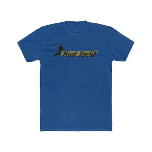 Royal blue premium fit short sleeve t-shirt with "Mud Yacht" graphic in black and gold.