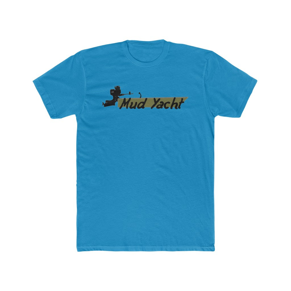 Blue premium fit short sleeve t-shirt with "Mud Yacht" graphic in camouflage print.