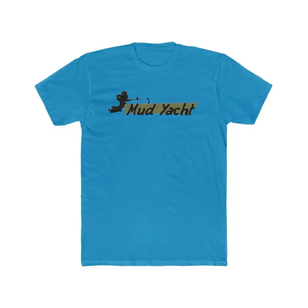 Blue premium fit short sleeve t-shirt with "Mud Yacht" graphic in camouflage print.