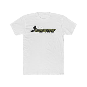 White premium fit short sleeve t-shirt with "Mud Yacht" graphic in camouflage and black.