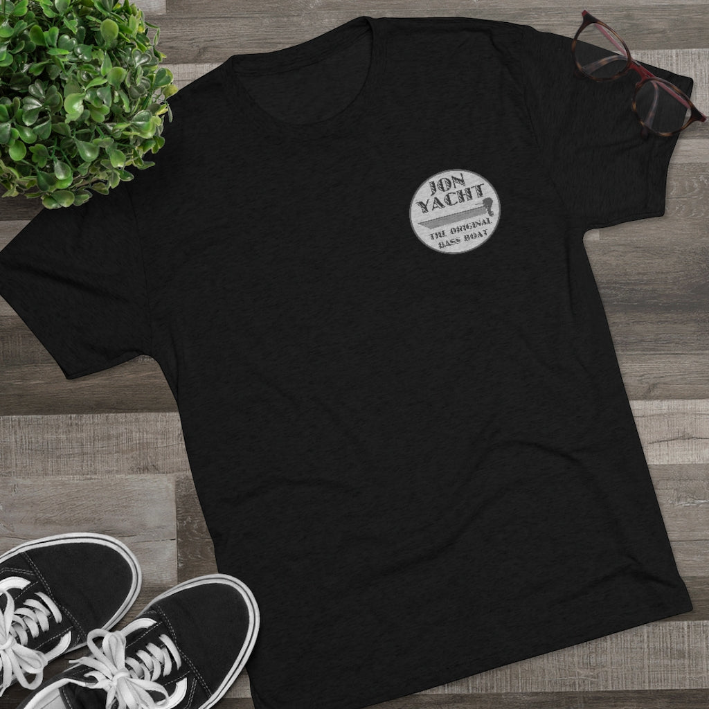 Black tri-blend tee with "Jon Yacht The Original Bass Boat" logo, regular fit.