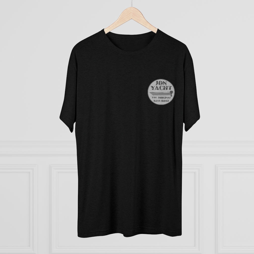 Black tri-blend regular fit tee with "JON YACHT THE ORIGINAL BASS BOAT" logo on left chest.