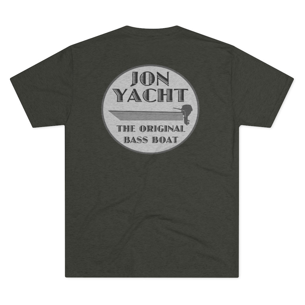Dark gray tri-blend tee with "Jon Yacht The Original Bass Boat" graphic featuring a boat and motor.