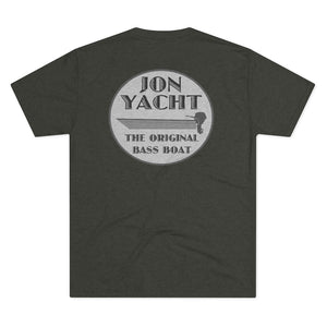 Dark gray tri-blend tee with "Jon Yacht The Original Bass Boat" graphic featuring a boat and motor.