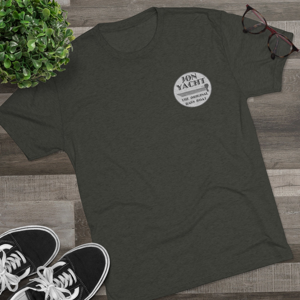 Dark gray tri-blend tee with a white "Jon Yacht The Original Bass Boat" logo on the left chest.