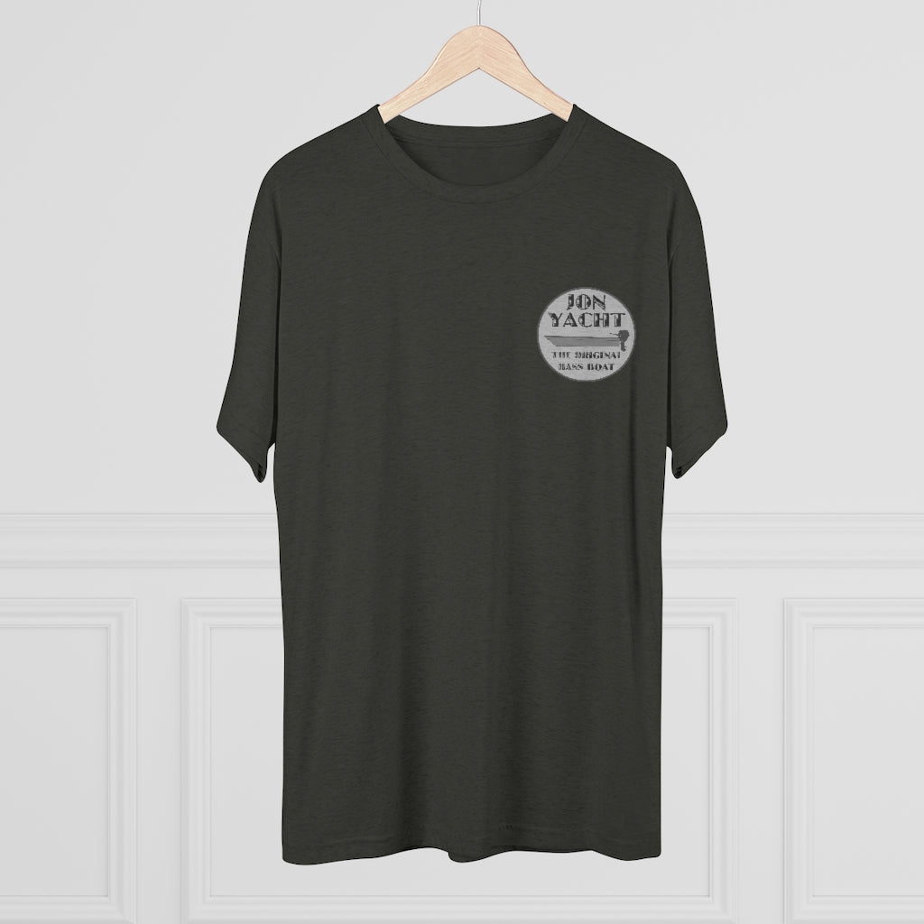 Dark gray tri-blend tee with "Jon Yacht The Original Bass Boat" logo on the left chest.