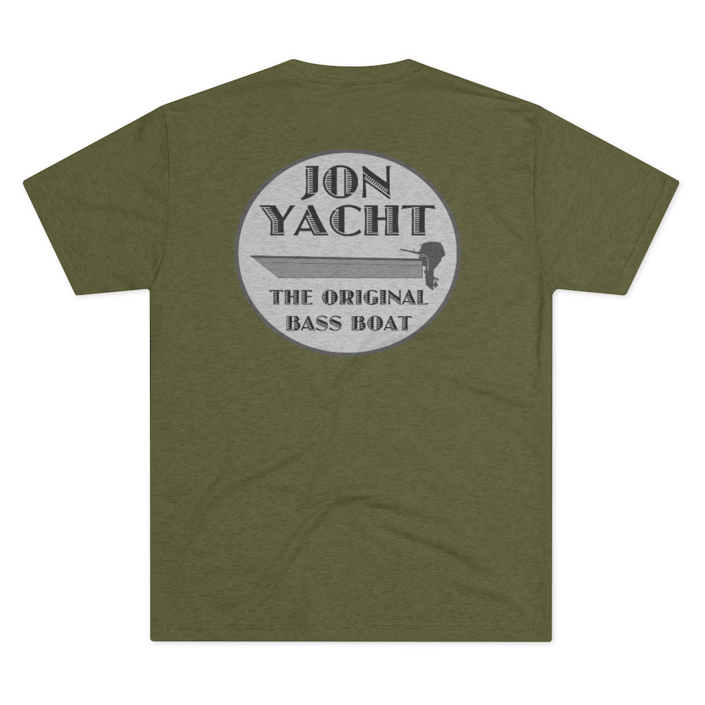 Olive green tri-blend tee with "Jon Yacht The Original Bass Boat" graphic and boat motor design.