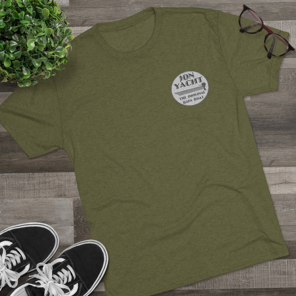 Olive green tri-blend regular fit t-shirt with "JON YACHT THE ORIGINAL BASS BOAT" logo.