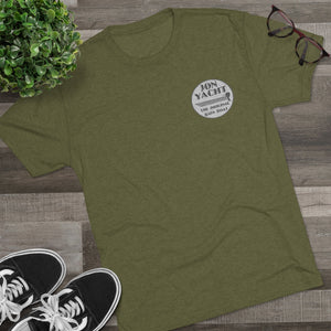 Olive green tri-blend regular fit t-shirt with "JON YACHT THE ORIGINAL BASS BOAT" logo.