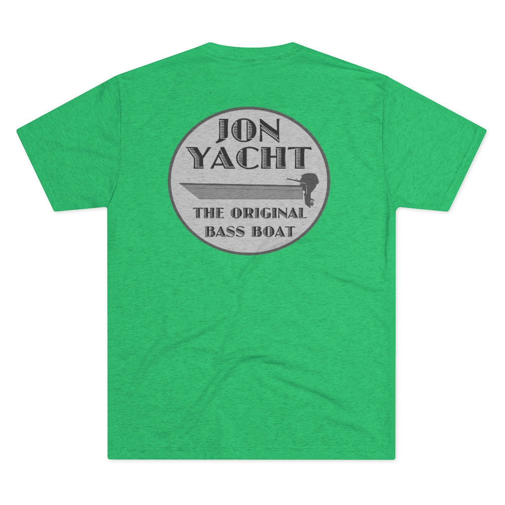 Green tri-blend tee with "Jon Yacht The Original Bass Boat" graphic featuring a boat and outboard motor.