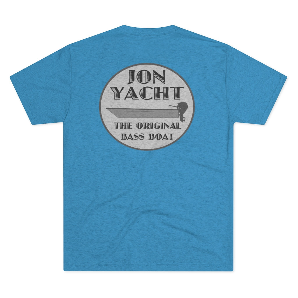 Blue tri-blend regular fit t-shirt with "JON YACHT THE ORIGINAL BASS BOAT" graphic on back.